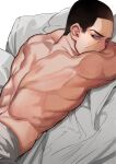  1boy back bed bed_sheet black_eyes black_hair buzz_cut completely_nude crossed_arms golden_kamuy looking_at_viewer lying male_focus momoyama_puru muscle nude on_stomach short_hair solo toned toned_male tsukishima_hajime upper_body very_short_hair 