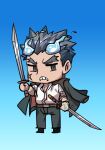  1boy blue_fire chibi dark_blue_hair facial_hair facial_scar fate/grand_order fate_(series) fire full_body gakuran gradient gradient_background grey_pants holding holding_sword holding_weapon ina_zuma jacket jacket_on_shoulders male_focus pants riyo_(lyomsnpmp)_(style) scar scar_on_cheek school_uniform shirt short_hair simple_background solo spiky_hair sword toji_(tokyo_houkago_summoners) tokyo_houkago_summoners weapon white_shirt 