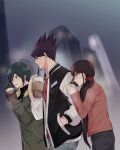  1girl 2boys absurdres ahoge alternate_costume bangs black_hair black_jacket black_pants blurry blurry_background brown_eyes brown_gloves brown_jacket coat commentary_request cup dangan_ronpa dangyu_(danganpa) denim disposable_cup facial_hair from_side gloves goatee hair_ornament hand_in_pocket hand_up harukawa_maki highres holding jacket long_hair low_ponytail momota_kaito multiple_boys new_dangan_ronpa_v3 open_clothes open_jacket outdoors pants purple_hair red_scrunchie red_shirt saihara_shuuichi scrunchie shirt short_hair spiky_hair 