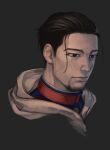  1boy black_eyes black_hair facial_hair facial_scar golden_kamuy grey_background hair_slicked_back highres male_focus no_pupils ogata_hyakunosuke portrait reman_kamuy scar scarf solo 