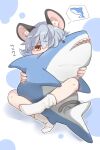  1girl animal_ear_fluff animal_ears blush commentary_request doll_hug full_body grey_hair highres holding looking_at_viewer mouse_ears mouse_tail nazrin no_shoes red_eyes short_hair socks solo spoken_object stuffed_animal stuffed_shark stuffed_toy tail take_no_ko_(4919400) thick_eyebrows touhou translation_request white_background white_legwear 