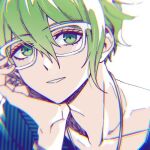  1boy amami_rantarou bangs bespectacled chin_rest collarbone commentary_request dangan_ronpa glasses green_eyes green_hair grey_shirt hair_between_eyes hand_up jewelry kanata_(loser51) lowres male_focus necklace new_dangan_ronpa_v3 parted_lips shirt solo striped striped_shirt 