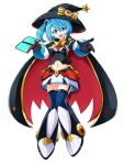 1girl alternate_costume android bangs blue_eyes blue_hair breasts cape eyebrows_visible_through_hair full_body halloween hat highres knees_together_feet_apart medium_breasts miniskirt navel open_mouth ribbon rico_(rockman) rockman rockman_x_dive side_ponytail skirt smile solo thigh-highs witch witch_costume witch_hat yuri_nozomi zettai_ryouiki 