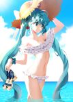  1girl ahoge aqua_eyes aqua_hair arm_up bikini blue_eyes breasts clouds collarbone commentary day frilled_bikini frills hand_on_headwear harin_0 hat hatsune_miku highres holding long_hair navel ocean outdoors sky small_breasts solo standing straw_hat sun_hat swimsuit twintails very_long_hair vocaloid wading water 