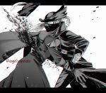  1boy 1girl blood blood_splatter blood_spray bloodborne cagefreepotato cape clenched_hand cloak coat gloves greyscale hands hat hat_feather highres hunter_(bloodborne) lady_maria_of_the_astral_clocktower long_hair mask monochrome mouth_mask ponytail simple_background tricorne 