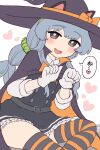  1girl animal_ears asashio_(kantai_collection) asashio_(kantai_collection)_(cosplay) bangs black_dress blush braid cape cat_ears cat_tail cosplay dress eyebrows_visible_through_hair frilled_dress frills gloves grey_hair grey_hairband hair_ornament hair_scrunchie hairband halloween halloween_costume hat heart highres kantai_collection long_hair long_sleeves open_mouth paw_pose pinafore_dress scrunchie shirt sidelocks simoyuki simple_background single_braid sitting solo striped striped_legwear tail thigh-highs white_background white_gloves white_shirt witch_hat yamagumo_(kantai_collection) 