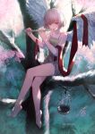  1girl angel angel_wings artist_name bare_shoulders barefoot cage collarbone eyebrows_visible_through_hair feathered_wings highres holding holding_instrument instrument music original outdoors pink_hair playing_instrument red_eyes short_hair sitting string tree watori_re wings 