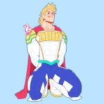  1boy absurdres bara blonde_hair blue_eyes blush bodysuit boku_no_hero_academia bound bound_wrists bulge cape chest covered_abs feraltintinsimp full_body highres male_focus medium_hair messy_hair muscle one_eye_closed red_cape solo thick_thighs thighs togata_mirio tongue tongue_out white_bodysuit 