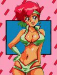 1990s_(style) 1girl breasts dark_skin dark-skinned_female dirty_pair hand_on_hip headband highres jewelry kei_(dirty_pair) large_breasts looking_at_viewer navel open_mouth potiri02 red_eyes redhead short_hair single_earring solo stomach stomach_day white_headband 