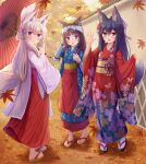  3girls :d absurdres animal_ear_fluff animal_ears apron autumn_leaves bangs black_footwear black_hair blue_eyes blue_kimono blush brown_eyes brown_footwear brown_hair closed_mouth commentary_request day eyebrows_visible_through_hair fox_ears fox_girl fox_tail hair_between_eyes hair_ornament hair_ribbon hairclip hakama hand_up highres holding holding_umbrella iroha_(iroha_matsurika) japanese_clothes kimono leaf maple_leaf multiple_girls obi open_mouth oriental_umbrella original outdoors pinching_sleeves polka_dot purple_ribbon red_apron red_hakama red_kimono red_umbrella ribbon ribbon_trim sash sleeves_past_wrists smile standing tabi tail umbrella waist_apron wall white_hair white_kimono white_legwear x_hair_ornament 