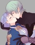  1boy 1girl armor black_armor black_gloves blue_dress blue_hair braid brown_eyes byleth_(fire_emblem) byleth_eisner_(male) closed_mouth commentary_request crown_braid dress epaulettes face-to-face fire_emblem fire_emblem:_three_houses from_side gloves green_eyes green_hair hair_between_eyes hand_on_another&#039;s_face height_difference hetero highres jewelry kiss lips marianne_von_edmund oby_lt profile short_hair 