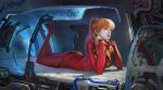  1girl ass bodysuit breasts brown_eyes cable hands_together jiayuan_song legs_up looking_to_the_side lying machinery medium_breasts neon_genesis_evangelion on_stomach orange_hair parted_lips plugsuit realistic red_bodysuit science_fiction solo souryuu_asuka_langley 