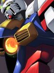  artist_name close-up g_gundam glowing glowing_eyes god_gundam green_eyes grey_background gundam haganef highres looking_down mecha no_humans science_fiction solo 