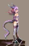  1girl bare_shoulders bow_(bhp) closed_mouth dragon_girl dragon_horns dragon_tail dragon_wings elbow_gloves flat_chest from_side gloves grey_background hands_on_hips highres horns medium_hair metal_boots original purple_gloves purple_hair simple_background solo standing tail thigh-highs white_legwear wings 