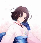  1girl absurdres brown_eyes brown_hair fate/grand_order fate_(series) highres japanese_clothes kimono loggi looking_at_viewer obi ryougi_shiki sash short_hair simple_background solo upper_body 