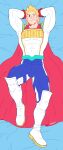  1boy absurdres arms_behind_head bara blonde_hair blue_eyes blush boku_no_hero_academia boots bulge cape chest covered_abs dakimakura feraltintinsimp full_body highres knee_boots male_focus muscle one_eye_closed red_cape short_hair solo thick_thighs thighs togata_mirio 