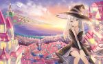  1girl bangs black_robe blue_eyes blush braid broom broom_riding commentary_request elaina_(majo_no_tabitabi) feet_out_of_frame haruki_3679 hat highres looking_at_viewer majo_no_tabitabi outdoors robe scenery solo sunset witch witch_hat 