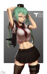  1girl armpit_peek arms_behind_head aronman bangs black_headwear black_legwear black_sailor_collar breasts contrapposto crop_top eyebrows_visible_through_hair girls_frontline green_eyes green_hair gun hat highres hip_bones imi_uzi large_breasts long_hair looking_at_viewer micro_uzi_(girls_frontline) midriff mini_hat miniskirt mouth_hold navel neckerchief pleated_skirt red_neckwear red_star sailor_collar school_uniform serafuku skirt solo stomach submachine_gun thigh-highs thigh_pouch thigh_strap twintails tying_hair weapon zettai_ryouiki 