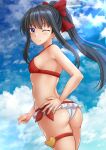  1girl ;) ass bare_arms bare_shoulders bikini black_hair blue_sky blush bow breasts closed_mouth clouds cloudy_sky commentary day hair_bow hand_on_hip highres kazenokaze long_hair looking_at_viewer looking_to_the_side mismatched_bikini muguruma_miyako one_eye_closed outdoors ponytail red_bikini red_bow senyoku_no_sigrdrifa sidelocks skindentation sky small_breasts smile solo swimsuit thigh_strap very_long_hair violet_eyes white_bikini 