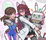 2girls ;p animal_ears aqua_nails armor bangs black_legwear black_neckwear black_skirt blue_eyes blunt_bangs blush bodysuit borrowed_character breasts brown_hair cat_ears coat collared_shirt commentary commission cowboy_shot d.va_(overwatch) english_commentary facepaint facial_mark fake_animal_ears frilled_legwear garter_straps gatling_gun glasses gloves hands_together hands_up headphones heart holding id_card labcoat licking_lips long_hair long_sleeves looking_at_another mecha meka_(overwatch) miniskirt multiple_girls nail_polish necktie one_eye_closed open_mouth original outline overwatch pencil_skirt pilot_suit rabbit_ears ribbed_bodysuit robot rowen_montera shirt shoulder_armor skin_tight skindentation skirt smile star_(symbol) star_in_eye swept_bangs symbol_in_eye thick_eyebrows thigh-highs tongue tongue_out upper_teeth very_long_hair whisker_markings white_coat white_gloves white_outline 