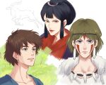  1boy 2girls animal ashitaka black_hair brown_hair earrings eboshi elk facepaint facial_mark headband jewelry matreshka54321 mononoke_hime multiple_girls necklace san short_hair sidelocks smile yakuru 