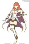  1girl breasts cape celica_(fire_emblem) fire_emblem fire_emblem_echoes:_shadows_of_valentia fire_emblem_heroes gofelem headband holding holding_sword holding_weapon looking_at_viewer red_eyes redhead skindentation small_breasts solo sword thigh-highs weapon white_background 