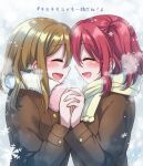  2girls :d bangs blush brown_hair brown_jacket closed_eyes commentary_request eyebrows_visible_through_hair facing_away fingernails from_side fur_collar green_scarf hair_between_eyes hand_up highres holding_hands interlocked_fingers jacket kunikida_hanamaru kurosawa_ruby long_hair long_sleeves love_live! love_live!_sunshine!! mono_land multiple_girls open_mouth profile redhead scarf smile snowflakes snowing translation_request two_side_up upper_body yuri 