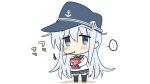  ... 1girl anchor_symbol black_legwear black_sailor_collar black_skirt blue_eyes box chibi commentary_request eating flat_cap food hat hibiki_(kantai_collection) highres hizuki_yayoi kantai_collection long_hair mouth_hold negative_space pleated_skirt pocky pocky_day sailor_collar school_uniform serafuku silver_hair simple_background skirt solo spoken_ellipsis standing thigh-highs white_background 