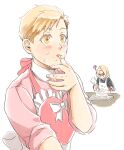  2boys alphonse_elric annoyed apron bangs black_shirt blonde_hair brothers cake close-up collared_shirt colored_eyelashes edward_elric expressionless eyebrows_visible_through_hair eyelashes finger_licking finger_to_mouth fingernails food food_on_face frilled_apron frills fruit fullmetal_alchemist hand_up head_down high_collar icing licking light_blush long_sleeves looking_afar looking_down male_focus multiple_boys no_mouth no_nose pai_(1111) pastry_bag pink_apron pink_ribbon pink_shirt ribbon shiny shiny_hair shirt siblings simple_background sleeves_rolled_up squiggle strawberry swept_bangs table tareme tongue tongue_out tray upper_body v-shaped_eyebrows waist_bow white_background white_ribbon yellow_eyes 