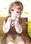  1girl :o autumn autumn_leaves bangs bench beret blush braid brown_eyes brown_hair brown_headwear brown_skirt commentary_request cup eyebrows_behind_hair hair_intakes hair_ornament hairclip hands_up hat head_tilt highres holding holding_cup leaf long_hair long_sleeves looking_at_viewer maple_leaf on_bench original park_bench parted_lips plaid plaid_skirt shirt sitting sitting_on_bench skirt sleeves_past_wrists solo steam sweater_vest twin_braids white_shirt yugirlpict 