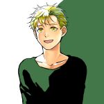  1boy :d alphonse_elric arms_at_sides backlighting black_outline blonde_hair collarbone eyelashes facing_viewer fullmetal_alchemist gradient gradient_hair green_background green_hair green_shirt green_theme happy long_sleeves looking_afar male_focus messy_hair multicolored_hair open_mouth outline pai_(1111) shaded_face shiny shiny_hair shirt simple_background smile tareme two-tone_background upper_body white_background yellow_eyes 