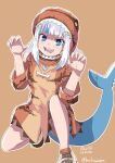  1girl artist_name bachunawa beige_background blue_eyes claw_pose dated dinosaur_costume english_commentary gawr_gura halloween halloween_costume highres hololive hololive_english open_mouth shark_tail sharp_teeth solo tail teeth virtual_youtuber white_hair 