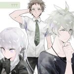  1girl 2boys ?? amami_rantarou arm_behind_head bangs black_gloves black_jacket black_ribbon blonde_hair brown_hair brown_pants closed_mouth collarbone collared_shirt commentary_request dangan_ronpa dangan_ronpa_1 eyebrows_visible_through_hair face gloves green_eyes green_neckwear hair_ribbon hand_on_own_chin hinata_hajime jacket jewelry kirigiri_kyouko long_hair multiple_boys necklace necktie new_dangan_ronpa_v3 pants parted_lips ribbon shirt short_hair short_sleeves striped striped_shirt super_dangan_ronpa_2 sweatdrop teeth u_u_ki_u_u violet_eyes white_shirt 