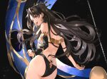  1girl ass black_background brown_hair crown earrings fate/grand_order fate_(series) highres hoshi_rasuku ishtar_(fate)_(all) ishtar_(fate/grand_order) jewelry legs long_hair looking_at_viewer red_eyes single_thighhigh sky smile solo star_(sky) starry_sky thigh-highs thighs twintails 