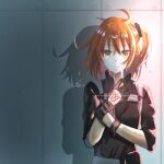 1girl ahoge black_gloves black_jacket black_scrunchie brown_hair closed_mouth fate/grand_order fate_(series) floating_hair frown fujimaru_ritsuka_(female) gloves hair_ornament hair_scrunchie jacket long_hair looking_at_viewer scrunchie sha_(pixiv43383161) shiny shiny_hair side_ponytail sleeves_rolled_up solo upper_body yellow_eyes 