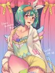  01rosso 1girl ahoge between_thighs blush braid breasts collarbone crown_braid dated fang green_hair hair_ornament happy_birthday macross macross_frontier multicolored_hair oosanshouuo-san open_mouth pajamas purple_hair ranka_lee red_eyes shiny shiny_skin short_hair smile streaked_hair thighs 