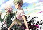  2boys belt black_belt black_pants breast_pocket brown_hair collarbone collared_shirt commentary_request dangan_ronpa from_side green_eyes green_jacket green_neckwear grey_hair hand_in_pocket hand_up highres hinata_hajime hood hooded_jacket jacket komaeda_nagito male_focus medium_hair multicolored multicolored_background multiple_boys necktie pants pocket shirt short_hair sky smile super_dangan_ronpa_2 white_shirt youko-shima 