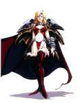  1990s_(style) 1girl armor blonde_hair boots cape crystal_earrings earrings facial_mark fingernails forehead_mark fur_trim garter_straps high_heels imelda_(langrisser) jewelry langrisser langrisser_ii long_fingernails long_hair looking_at_viewer navel official_art pauldrons red_legwear red_nails shadow shoulder_armor simple_background solo standing thigh-highs thigh_boots urushihara_satoshi white_background 