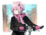  1girl bicycle black_coat blurry blurry_background building coat commentary gloves ground_vehicle hair_ornament hair_tubes hitogome hooded_coat looking_to_the_side purple_gloves purple_hair short_hair_with_long_locks sidelocks solo upper_body violet_eyes visible_air vocaloid voiceroid yuzuki_yukari 