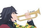  1boy black_hair blue_eyes from_side haori instrument japanese_clothes kimetsu_no_yaiba kin_tama55 male_focus music pinky_out playing_instrument saliva simple_background solo tomioka_giyuu trumpet twitter_username upper_body white_background 