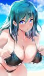  1girl bangs bikini black_bikini blue_eyes blue_sky breasts byleth_(fire_emblem) byleth_eisner_(female) clouds commentary_request cowboy_shot day eyebrows_visible_through_hair fire_emblem fire_emblem:_three_houses green_hair hair_between_eyes highres large_breasts leaning_forward long_hair looking_at_viewer parted_lips partial_commentary sky solo swimsuit uenoryoma 