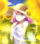  1girl 2020 bangs blue_eyes blue_ribbon blurry_foreground collarbone dated day dress eyebrows_visible_through_hair floating_hair flower hat hat_flower hat_ribbon hiiragi_yuzu looking_at_viewer multicolored_hair neck_ribbon open_mouth outdoors pink_hair ribbon silver_hair sleeveless sleeveless_dress solo standing straw_hat summer sun_hat sundress twitter_username two-tone_hair upper_body white_dress yellow_flower yellow_headwear yellow_ribbon yu-gi-oh! yu-gi-oh!_arc-v yun_yu 