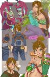  2boys artist_name ass bare_shoulders blonde_hair blue_eyes border bridal_gauntlets brown_gloves chest child circlet collarbone desert_voe_link earrings facing_viewer fins fishman food gerudo_link gloves green_shirt hair_ornament hair_stick highres holding holding_food hoop_earrings iva_(sena0119) jewelry link long_hair looking_at_viewer looking_to_the_side male_focus midriff monster_boy multicolored multicolored_skin multiple_boys multiple_views naughty_face navel official_alternate_costume pointy_ears red_skin sharp_teeth shirt short_hair sidon smile stealth_link teeth the_legend_of_zelda the_legend_of_zelda:_breath_of_the_wild tongue tongue_out vambraces white_border yellow_eyes younger zora 