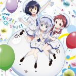  3girls album_cover balloon black_hair blue_hair blue_neckwear buttons chestnut_mouth closed_mouth cover eyebrows_visible_through_hair fang gochuumon_wa_usagi_desu_ka? hair_ornament hand_up hands_clasped hands_on_another&#039;s_shoulders highres hokkana jouga_maya kafuu_chino knees_together marble multiple_girls natsu_megumi official_art open_mouth outstretched_arm own_hands_together redhead school_uniform simple_background smile tippy_(gochiusa) white_legwear x_hair_ornament yellow_eyes 