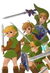  4boys artist_name blonde_hair boots brown_footwear copyright_request earrings fairy from_behind green_eyes hat highres holding holding_sword holding_weapon hylian_shield iva_(sena0119) jewelry long_sleeves looking_at_viewer male_focus master_sword multiple_boys multiple_persona navi pointy_ears shield short_hair simple_background sword the_legend_of_zelda the_legend_of_zelda:_ocarina_of_time tunic weapon white_background 
