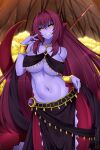  1girl black_sclera blue_skin breasts commission english_commentary eyebrows_visible_through_hair fate/grand_order fate_(series) gold grin hair_between_eyes jewelry lamia lindaroze long_hair looking_at_viewer monster_girl monsterification navel necklace pelvic_curtain pointy_ears redhead scales scathach_(fate)_(all) scathach_(fate/grand_order) sidelocks smile solo tail under_boob unmoving_pattern very_long_hair weapon yellow_eyes 
