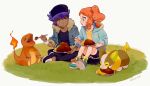  1boy 1girl :o :t bangs black_headwear black_shirt blush charmander chiyo_(ppp_808) commentary_request curry dark_skin dark_skinned_male eating feeding food fur-trimmed_jacket fur_trim gen_1_pokemon gen_8_pokemon grass hair_ornament hat heart heart_hair_ornament holding holding_plate hood hoodie jacket leon_(pokemon) long_sleeves looking_at_another open_mouth pants plate pokemon pokemon_(creature) pokemon_(game) pokemon_swsh purple_hair rice shirt shoes shorts side_ponytail sitting sonia_(pokemon) tongue yamper yellow_shirt younger 
