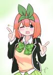  1girl ;d bangs black_jacket blazer blue_eyes blush bow breasts collared_shirt eyebrows_behind_hair go-toubun_no_hanayome gradient gradient_background green_background green_bow green_ribbon green_skirt hair_between_eyes hair_ribbon hands_up highres jacket kujou_karasuma looking_at_viewer medium_breasts nakano_yotsuba one_eye_closed open_blazer open_clothes open_jacket open_mouth orange_hair pleated_skirt ribbon shirt signature skirt smile solo star_(symbol) sweater_vest white_background white_shirt 