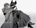  1boy 1girl bangs bloodborne bonnet boots cagefreepotato carrying cloak coat doll_joints dress gloves greyscale hat highres holding hug hunter_(bloodborne) joints long_hair looking_at_another mask monochrome mouth_mask plain_doll princess_carry shoes short_hair simple_background tricorne white_background 