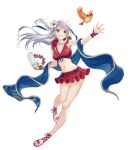 attacking bird blue_towel fire_emblem fire_emblem:_radiant_dawn fire_emblem_heroes flower_ornament holding_seashell micaiah_(fire_emblem) open_hand orange_eyes red_clothes red_sandals sandals skirt smiling white_hair